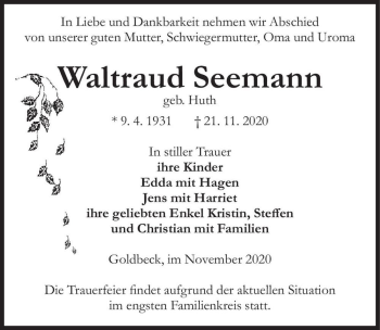 Traueranzeige von Waltraud Seemann (geb. Huth)  von Magdeburger Volksstimme