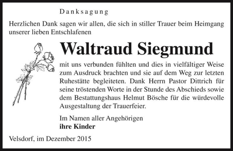  Traueranzeige für Waltraud Siegmund  vom 14.12.2015 aus Magdeburger Volksstimme
