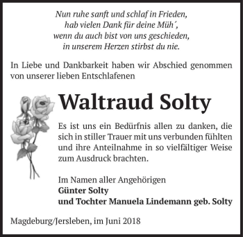 Traueranzeige von Waltraud Solty  von Magdeburger Volksstimme