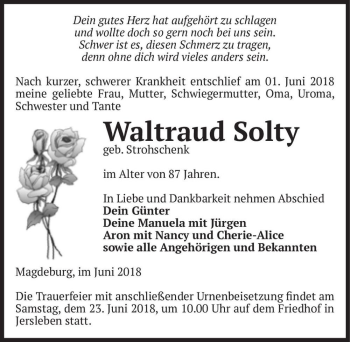 Traueranzeige von Waltraud Solty (geb. Strohschenk)  von Magdeburger Volksstimme