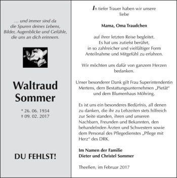 Traueranzeige von Waltraud Sommer  von Magdeburger Volksstimme