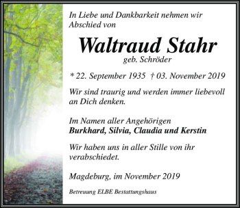 Traueranzeige von Waltraud Stahr (geb. Schröder)  von Magdeburger Volksstimme