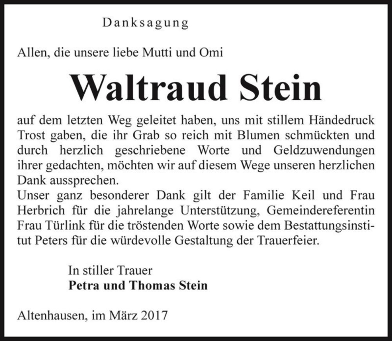  Traueranzeige für Waltraud Stein  vom 25.03.2017 aus Magdeburger Volksstimme