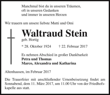 Traueranzeige von Waltraud Stein (geb. Hortig)  von Magdeburger Volksstimme