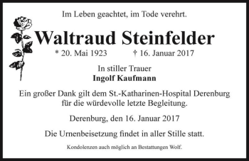 Traueranzeige von Waltraud Steinfelder  von Magdeburger Volksstimme