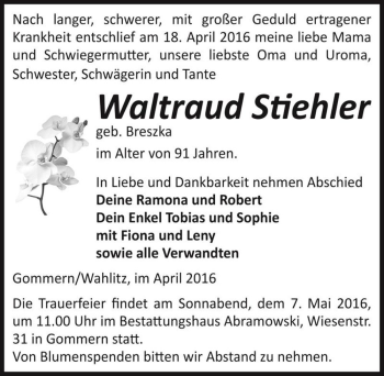 Traueranzeige von Waltraud Stiehler (geb. Breszka)  von Magdeburger Volksstimme