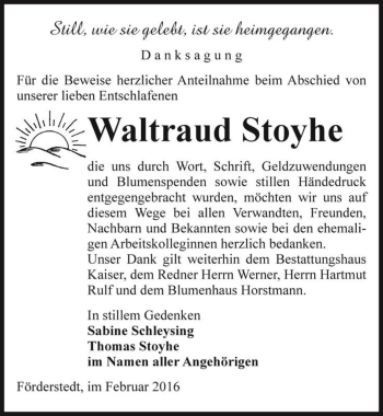 Traueranzeige von Waltraud Stoyhe  von Magdeburger Volksstimme