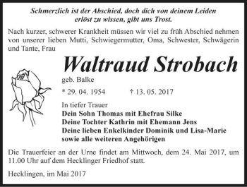 Traueranzeige von Waltraud Strobach (geb. Balke)  von Magdeburger Volksstimme