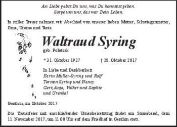 Traueranzeige von Waltraud Syring (geb. Polotzek)  von Magdeburger Volksstimme