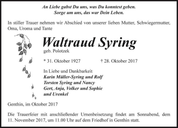 Traueranzeige von Waltraud Syring (geb. Polotzek)  von Magdeburger Volksstimme