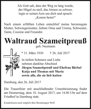 Traueranzeige von Waltraud Szameitpreuß (geb. Neumann)  von Magdeburger Volksstimme
