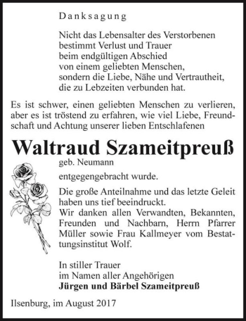 Traueranzeige von Waltraud Szameitpreuß (geb. Neumann)  von Magdeburger Volksstimme