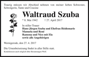Traueranzeige von Waltraud Szuba  von Magdeburger Volksstimme