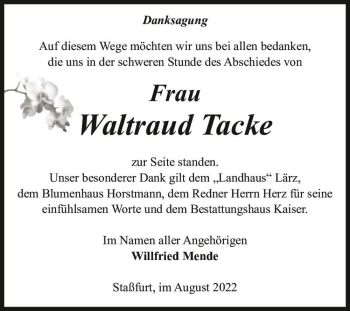 Traueranzeige von Waltraud Tacke  von Magdeburger Volksstimme