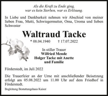 Traueranzeige von Waltraud Tacke  von Magdeburger Volksstimme