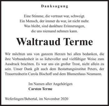 Traueranzeige von Waltraud Terme  von Magdeburger Volksstimme