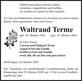 Traueranzeige von Waltraud Terme  von Magdeburger Volksstimme