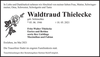 Traueranzeige von Waltraud Thielecke (geb. Schinschke)  von Magdeburger Volksstimme