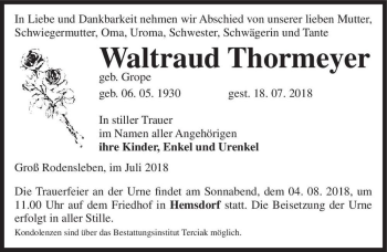 Traueranzeige von Waltraud Thormeyer (geb. Grope)  von Magdeburger Volksstimme