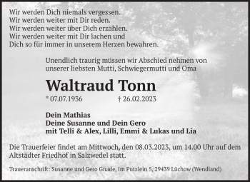 Traueranzeige von Waltraud Tonn  von Magdeburger Volksstimme