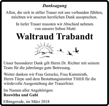 Traueranzeige von Waltraud Trabandt  von Magdeburger Volksstimme