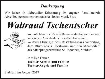 Traueranzeige von Waltraud Tschentscher  von Magdeburger Volksstimme