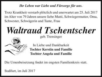 Traueranzeige von Waltraud Tschentscher (geb. Trensinger)  von Magdeburger Volksstimme