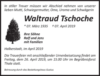 Traueranzeige von Waltraud Tschoche  von Magdeburger Volksstimme