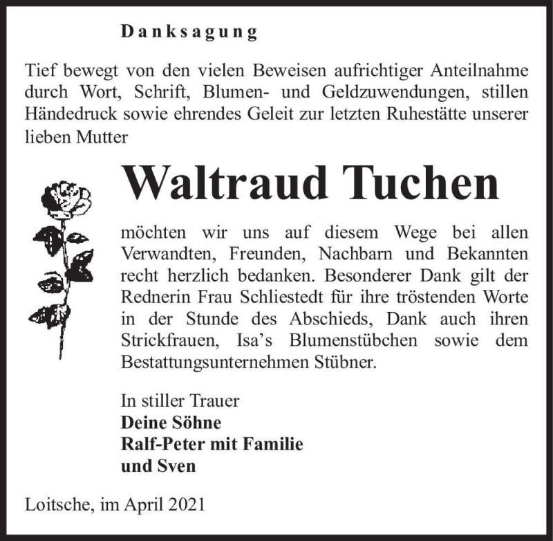  Traueranzeige für Waltraud Tuchen  vom 24.04.2021 aus Magdeburger Volksstimme