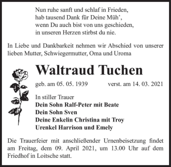 Traueranzeige von Waltraud Tuchen  von Magdeburger Volksstimme