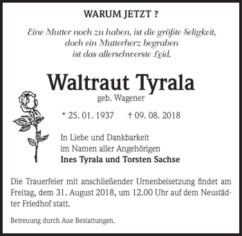 Traueranzeige von Waltraud Tyrala (geb. Wagener)  von Magdeburger Volksstimme