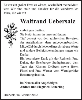 Traueranzeige von Waltraud Uebersalz  von Magdeburger Volksstimme