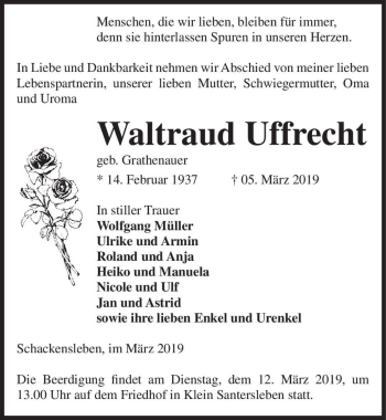 Traueranzeige von Waltraud Uffrecht (geb. Grathenauer)  von Magdeburger Volksstimme