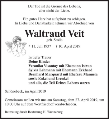 Traueranzeige von Waltraud Veit (geb. Stolle)  von Magdeburger Volksstimme