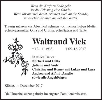 Traueranzeige von Waltraud Viek  von Magdeburger Volksstimme