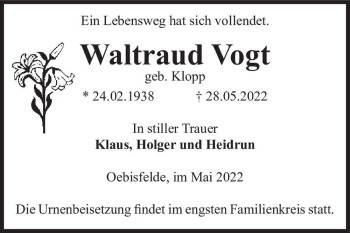 Traueranzeige von Waltraud Vogt (geb. Klopp)  von Magdeburger Volksstimme