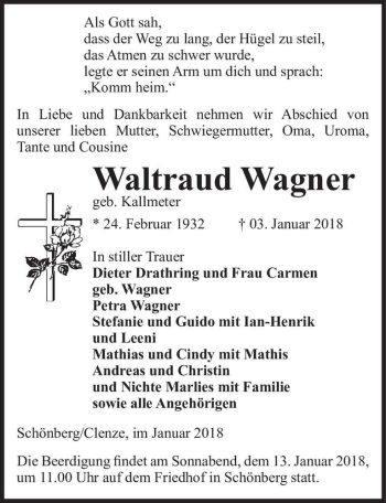 Traueranzeige von Waltraud Wagner (geb. Kallmeter)  von Magdeburger Volksstimme