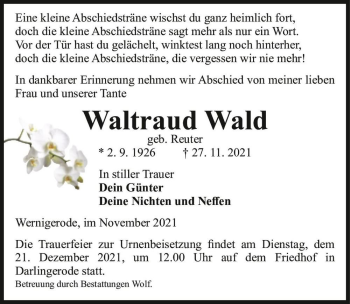 Traueranzeige von Waltraud Wald (geb. Reuter)  von Magdeburger Volksstimme