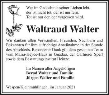 Traueranzeige von Waltraud Walter  von Magdeburger Volksstimme