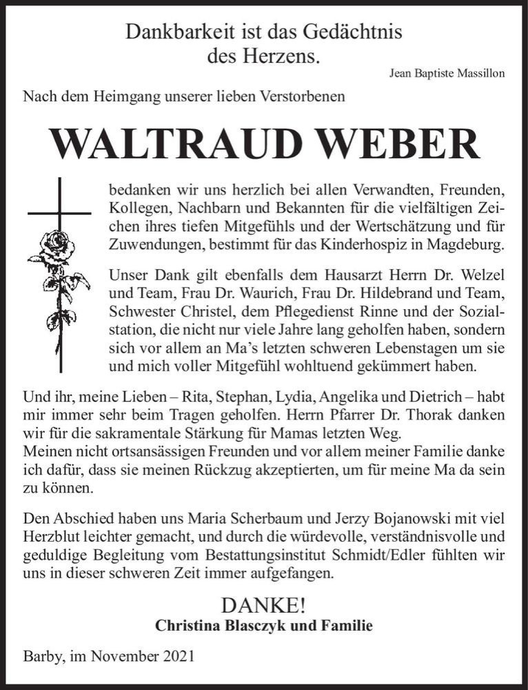  Traueranzeige für Waltraud Weber  vom 04.12.2021 aus Magdeburger Volksstimme