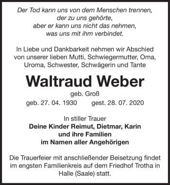 Traueranzeige von Waltraud Weber (geb. Groß)  von Magdeburger Volksstimme
