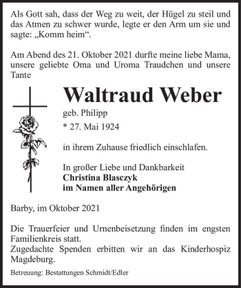 Traueranzeige von Waltraud Weber (geb. Phillipp)  von Magdeburger Volksstimme