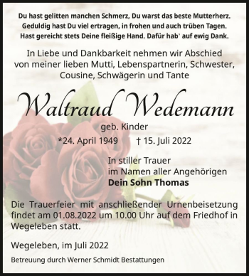 Traueranzeige von Waltraud Wedemann (geb. Kinder)  von Magdeburger Volksstimme