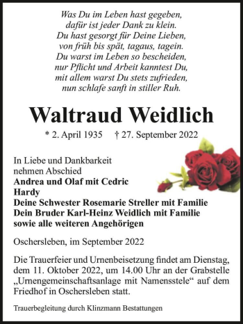 Traueranzeige von Waltraud Weidlich  von Magdeburger Volksstimme