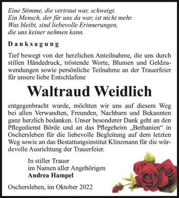 Traueranzeige von Waltraud Weidlich  von Magdeburger Volksstimme