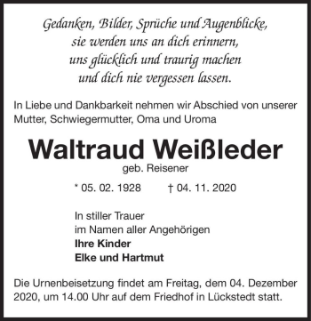 Traueranzeige von Waltraud Weißleder (geb. Reisener)  von Magdeburger Volksstimme
