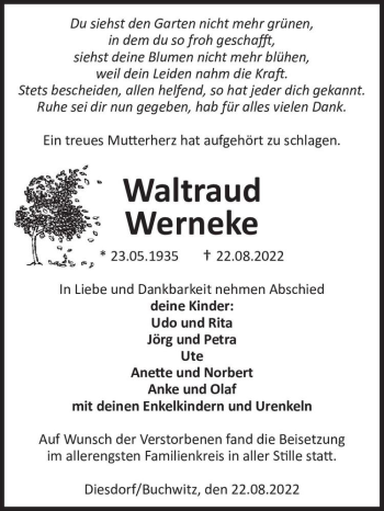 Traueranzeige von Waltraud Werneke  von Magdeburger Volksstimme