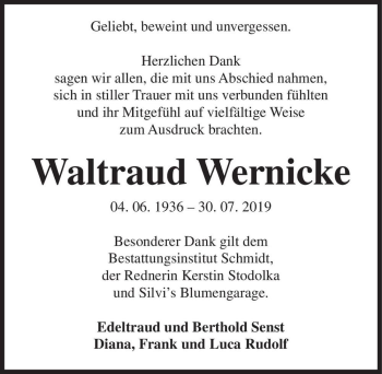 Traueranzeige von Waltraud Wernicke  von Magdeburger Volksstimme