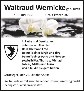 Traueranzeige von Waltraud Wernicke (geb. Turek)  von Magdeburger Volksstimme