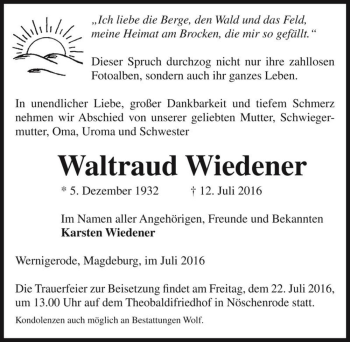 Traueranzeige von Waltraud Wiedener  von Magdeburger Volksstimme